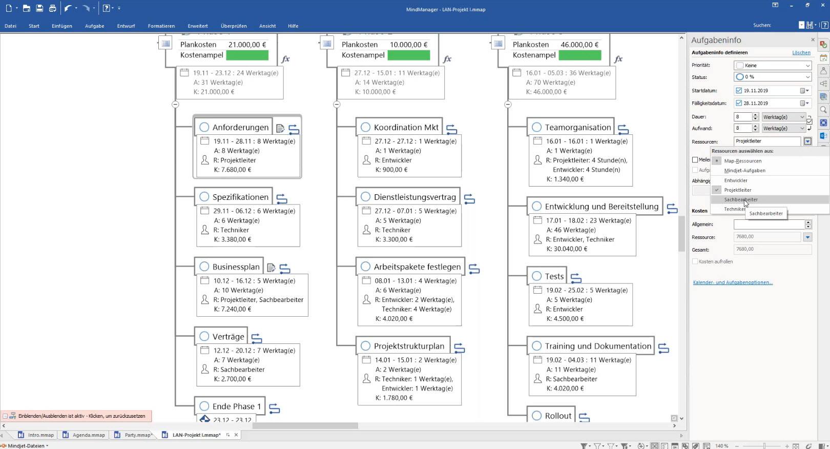 Kostenkalkulation und Gantt - Die neuen Möglichkeiten in MindManager 2020